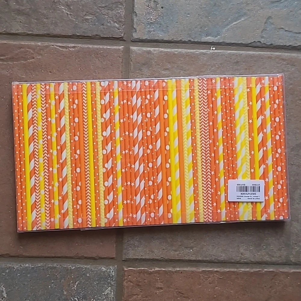 New in box! 180 orange yellow paper party drinking straws festive box set